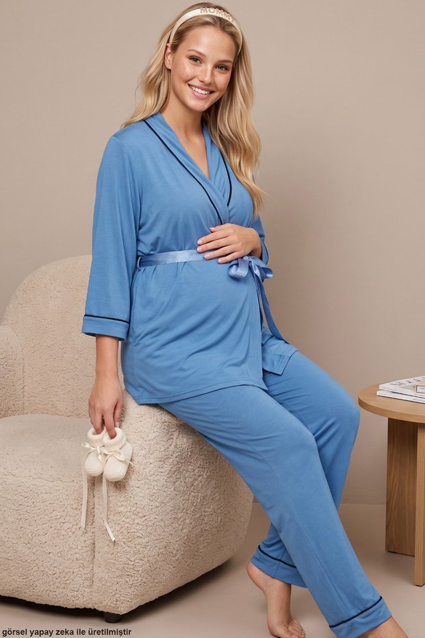 Blue Tie-Detail, Piped Viscose Knit Maternity and Postpartum Pajama Set 8095