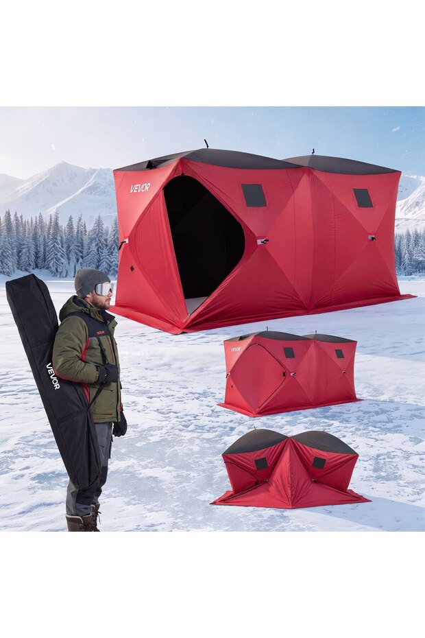 Adăpost pentru pescuit la copcă, Capacitate: 6-8 persoane, Dimensiuni produs: 3,6 x 1,8 x 2 m, Culoare: roșu + negru, Număr model: YL141 x 70 x 78icnh-4, Greutate produs: 12,5 kg