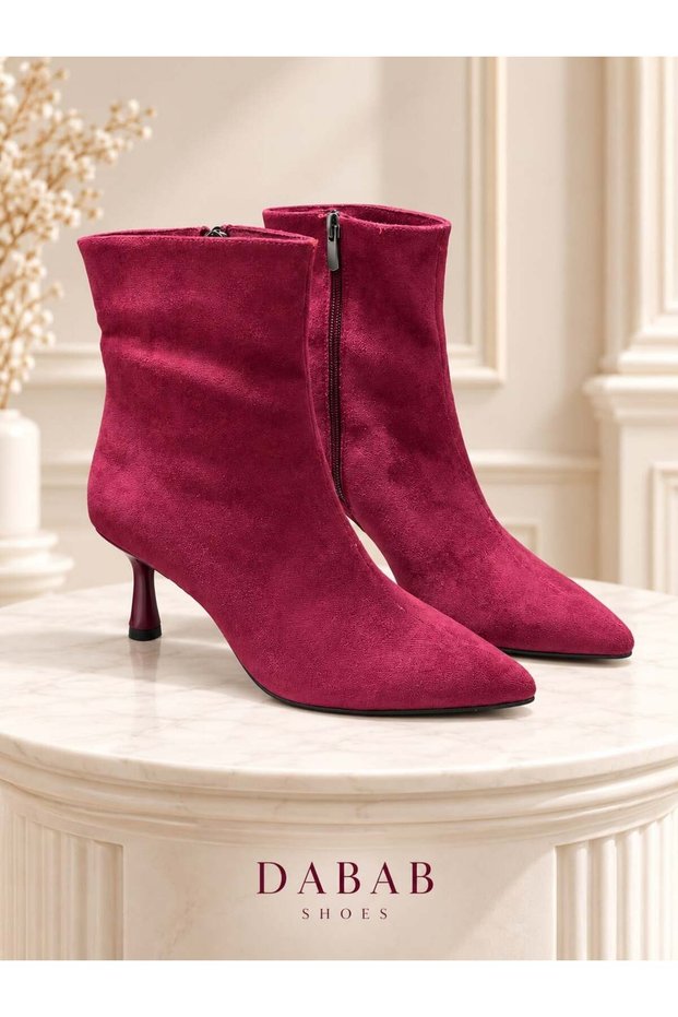 CATHY Women's Burgundy Luxury Suede Pointed Toe Zip-Up Boots 7 cm Stiletto-Heel Short Bootie