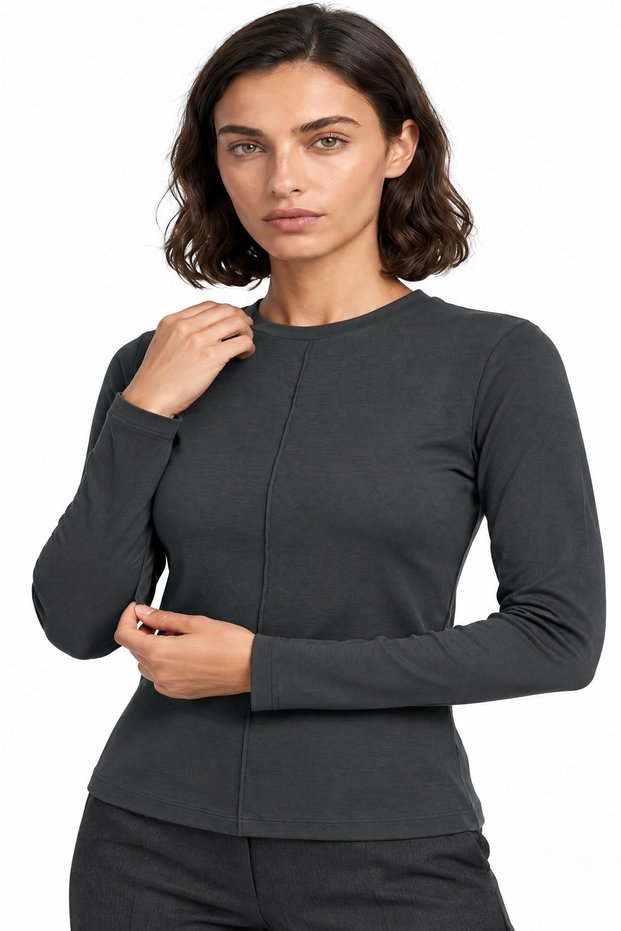 Women's Long-Sleeved Basic Blouse with Front Seam Detail and Boat Neck