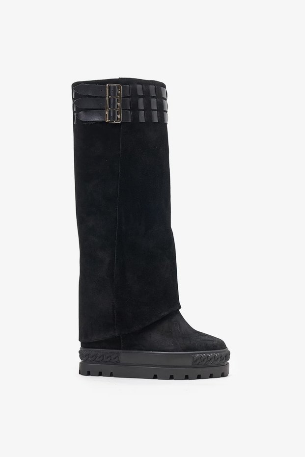 Stark Black Suede Leather Wedge Heel Boots