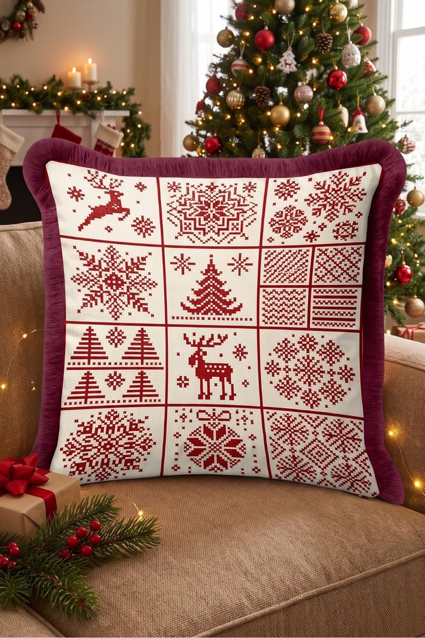Cream-Colored Deer New Year's Tasseled Cushion Cover—Rustic New Year's Decoration Tasseled Cushion Cover