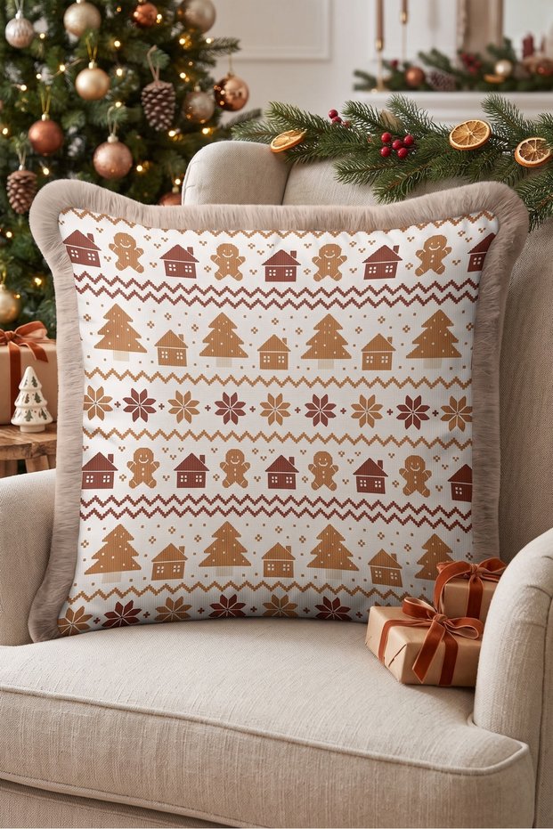 Taba Cookie New Year's Patterned Tasseled Cushion Cover—Rustic New Year's Gift Fringed Pillowcase