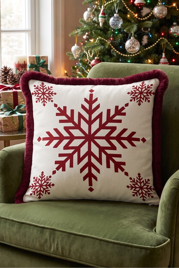 Red Snowflake New Year's Ornament Tasseled Cushion Cover - Christmas Decoration Tasseled Pillowcase