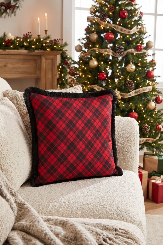 Red Plaid New Year's Patterned Cushion Cover with Tassels - Retro New Year's Black Fringed Pillowcase