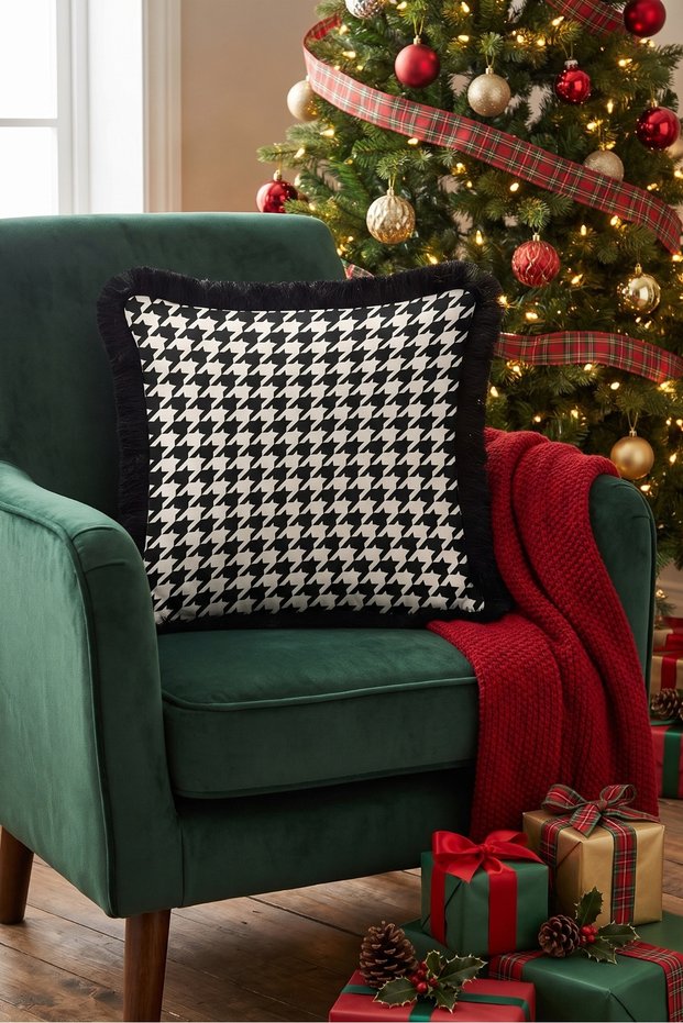 White Snowdrop New Year's Patterned Tasseled Cushion Cover - New Year's Decor Fringed Pillowcase