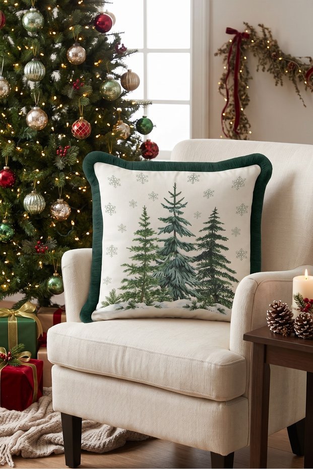 Cream Pine Christmas-Patterned Tasseled Cushion Cover—Rustic New Year's Decor Green Fringed Pillowcase