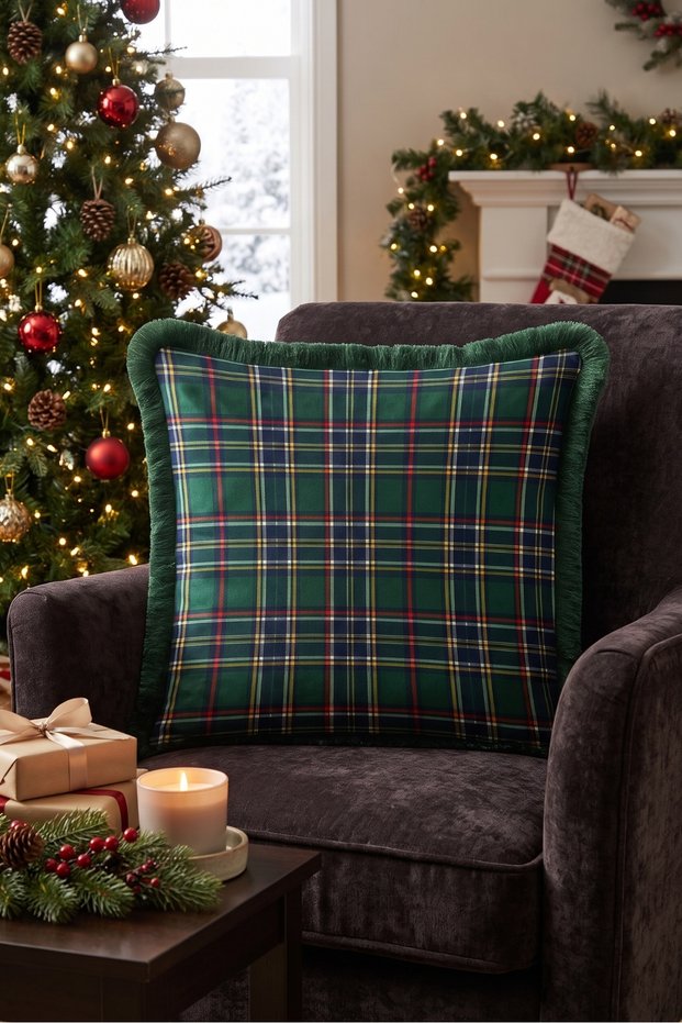 Navy Blue Plaid New Year's Decoration Tasseled Cushion Cover - New Year's Decor Green Fringed Pillowcase