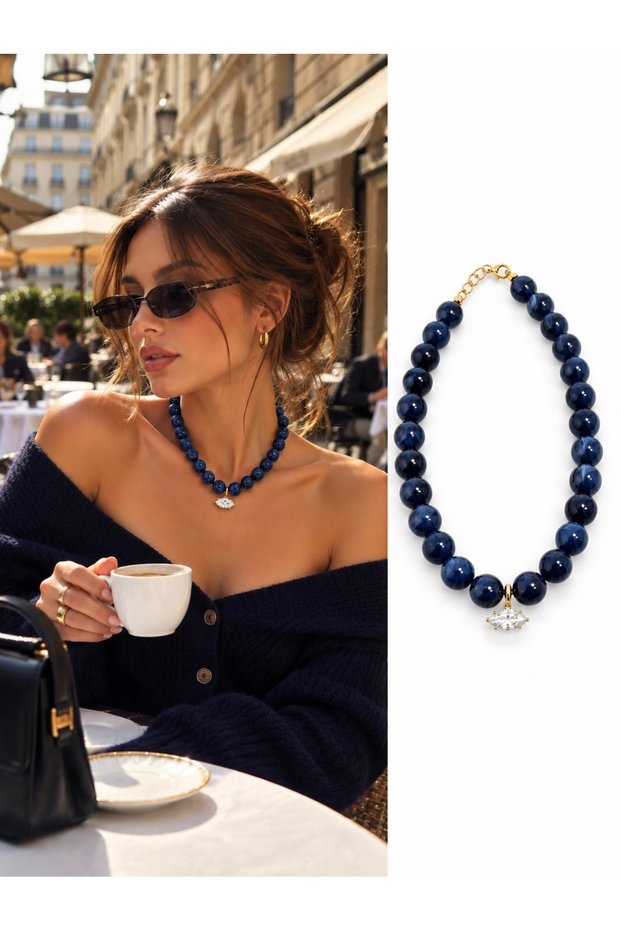 Markız Stone Embellished Gold and Navy Blue Stone Embellished Steel Necklace