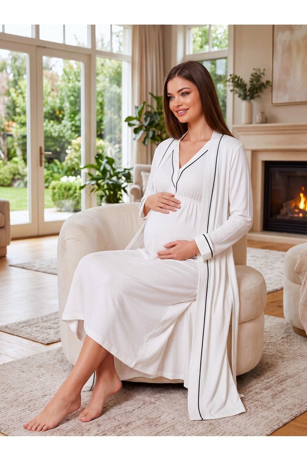 New Season Ecru-Colored, Piped, Nursing-Friendly Design, Long-Sleeved, 100% Cotton Postpartum and Maternity Robe and Nightgown Set