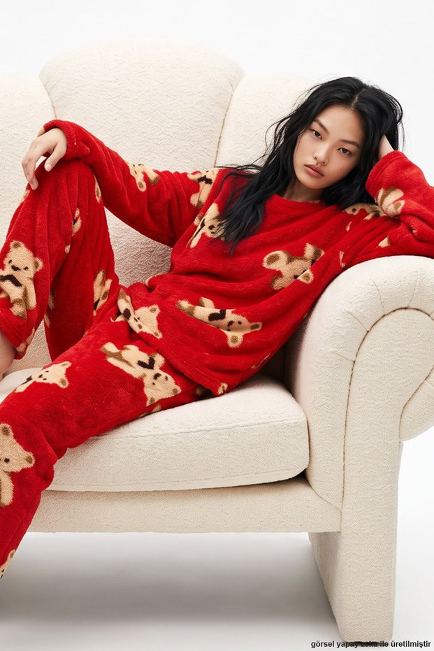 Red Teddy Bear Print Wellsoft Knit Pajama Top and Bottom Set 8101