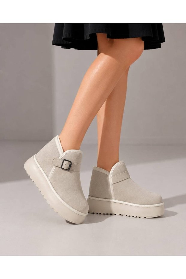 Women's Beige Suede Short Boots with Thick Soles, Buckles, and Fur-Trimmed Design by Guyn