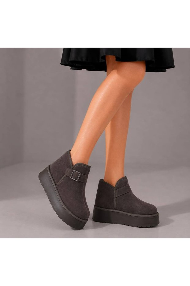 Women's Brown Suede Thick Sole Buckled Fur-Trimmed Short Boots by Guyn