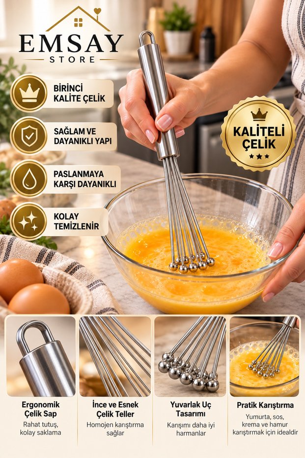 Stainless Steel Ball-Tip Kitchen Whisk – Egg, Sauce, and Dough Mixer with Ergonomic Steel Strappy Handle