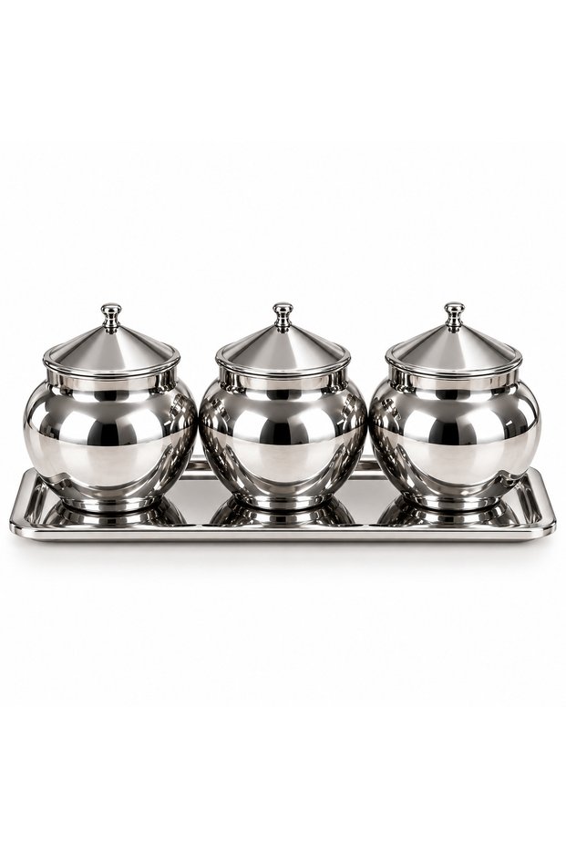 3-Piece Stainless Steel Spice Jar and Sugar Bowl Set with Lids – Includes Tray, 400 ml, 7 Pieces