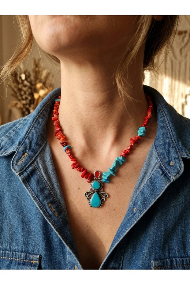Handmade Necklace with Turquoise and Coral Natural Stones and a Nepalese Pendant—Special Design