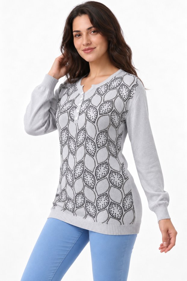 Women's Collar Button Detailed Stone Printed Long Sleeve Glittery Knitwear Blouse