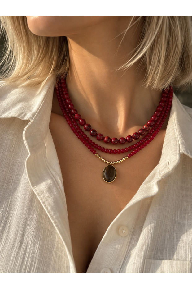 Burgundy Crystal Beaded Three-Row Design Rox Necklace