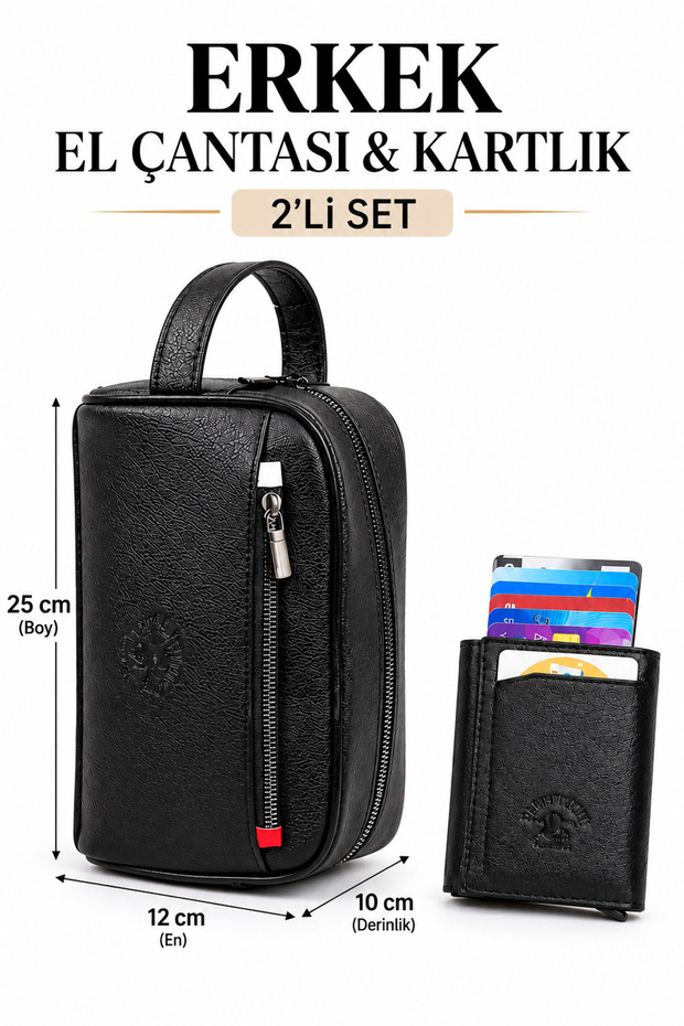 Men's Black Clutch Bag, Cosmetic Case, and Shaving Kit + Wallet with a Card Holder Mechanism