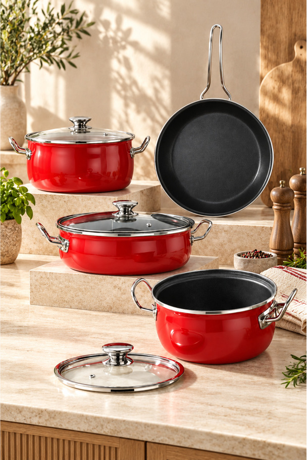 Lilium Titanium-Coated 7-Piece Cookware Set - Red - Enamel Exterior Coating