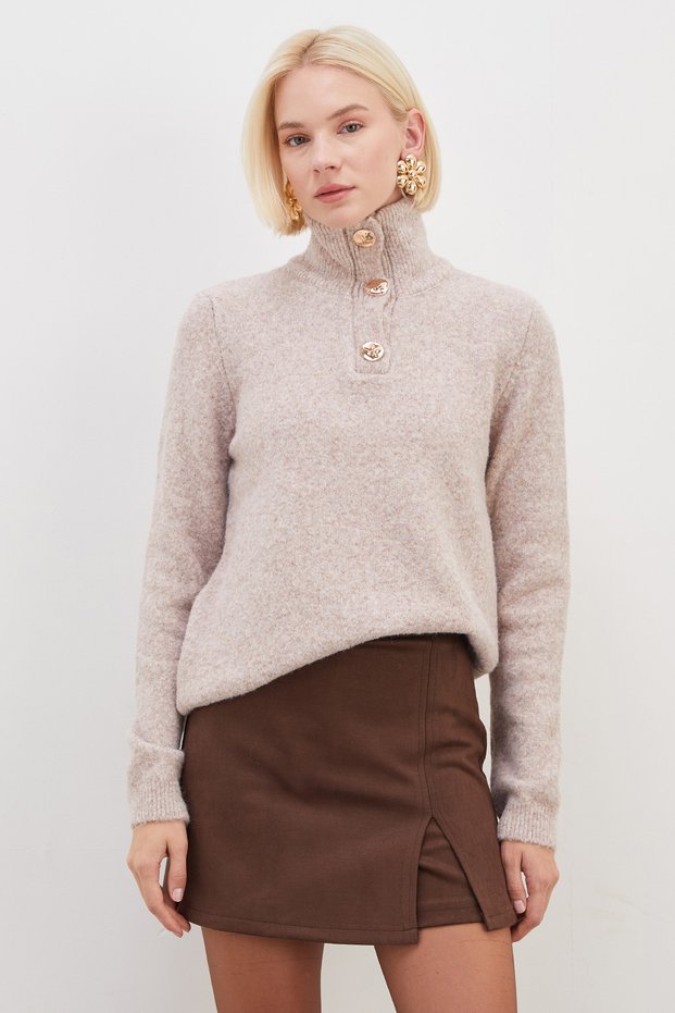 Half-Buttoned High-Neck Knitwear Sweater
