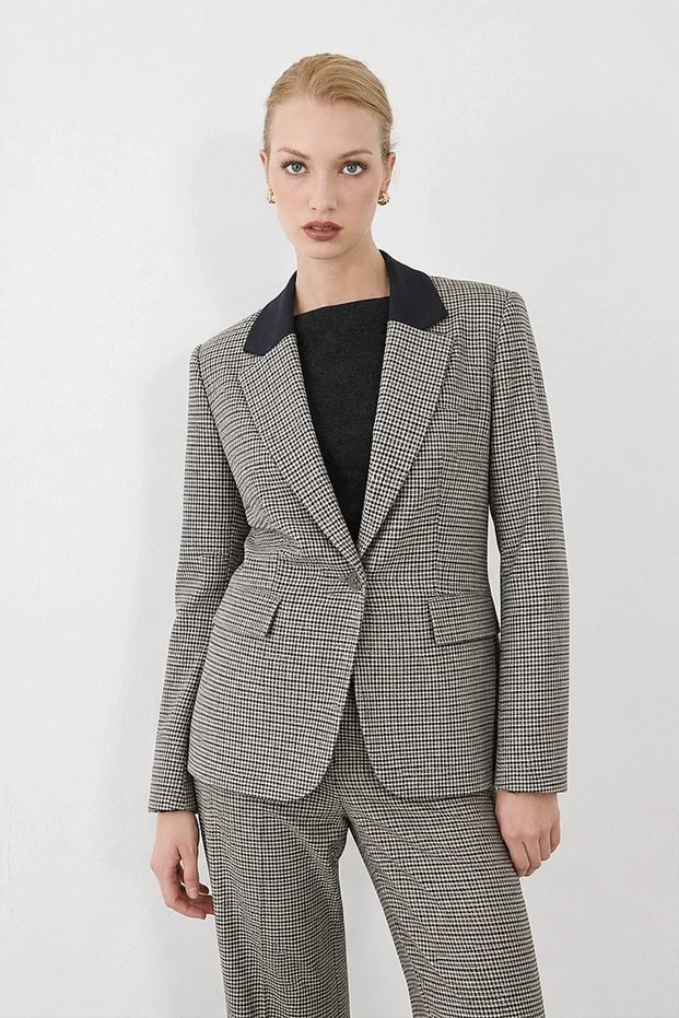 Houndstooth Blazer Jacket with Embellished Collar - Green
