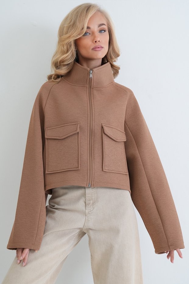 Women's Brown Stand Collar Double Pocket Raglan Sleeve Jacket Alc-X14409