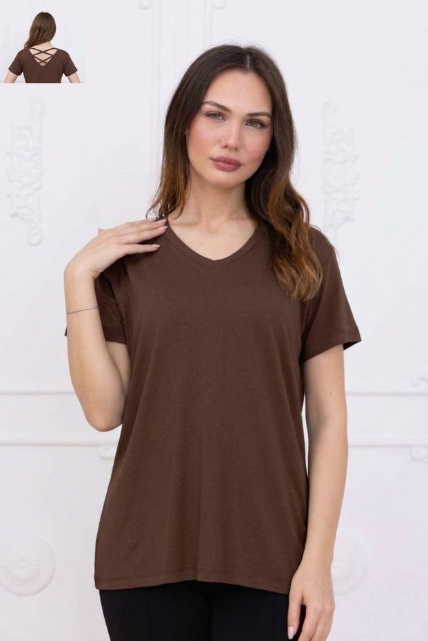 Viscose V-Neck Long-Sleeve T-Shirt with Back Detail