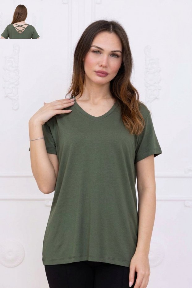 Viscose V-Neck Long-Sleeve T-Shirt with Back Detail