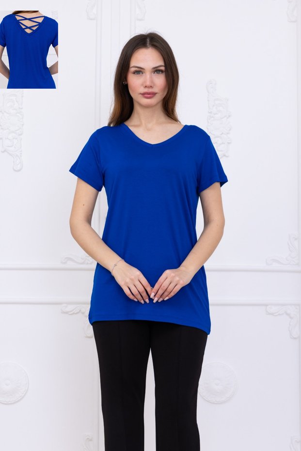 Viscose V-Neck Long-Sleeve T-Shirt with Back Detail