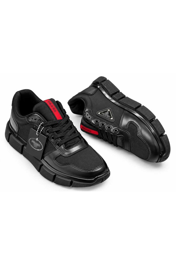 Men's Black Thick Sole Lace-Up Casual Sneakers – With Red Accents