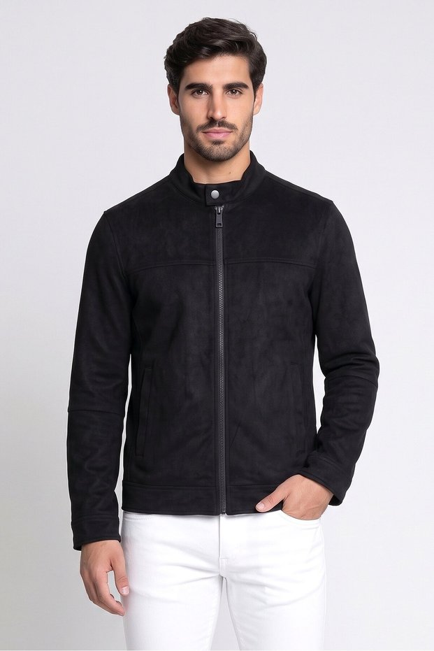 Men Solid Motorcycle Jacket, Black