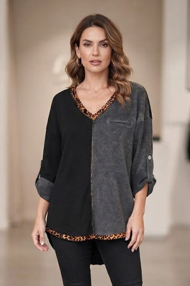 Women's Italian V-Neck Blouse with Leopard Striped Detail