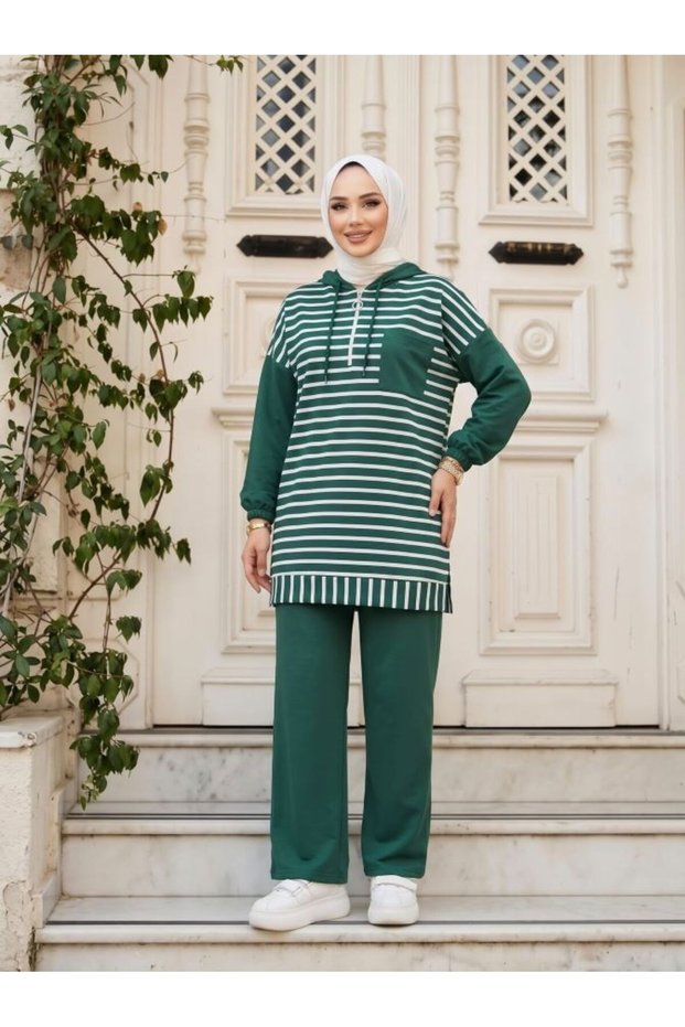 striped hooded Top Bottom Set