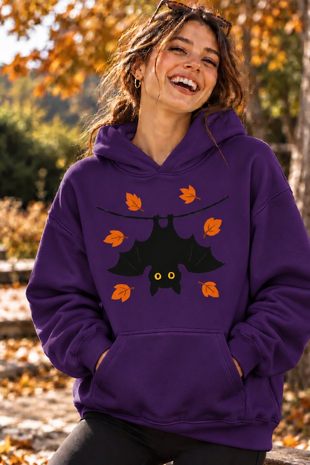 Cute Bat and Fall Leaves Print Unisex Oversized Hoodie – Relaxed Casual Sweatshirt