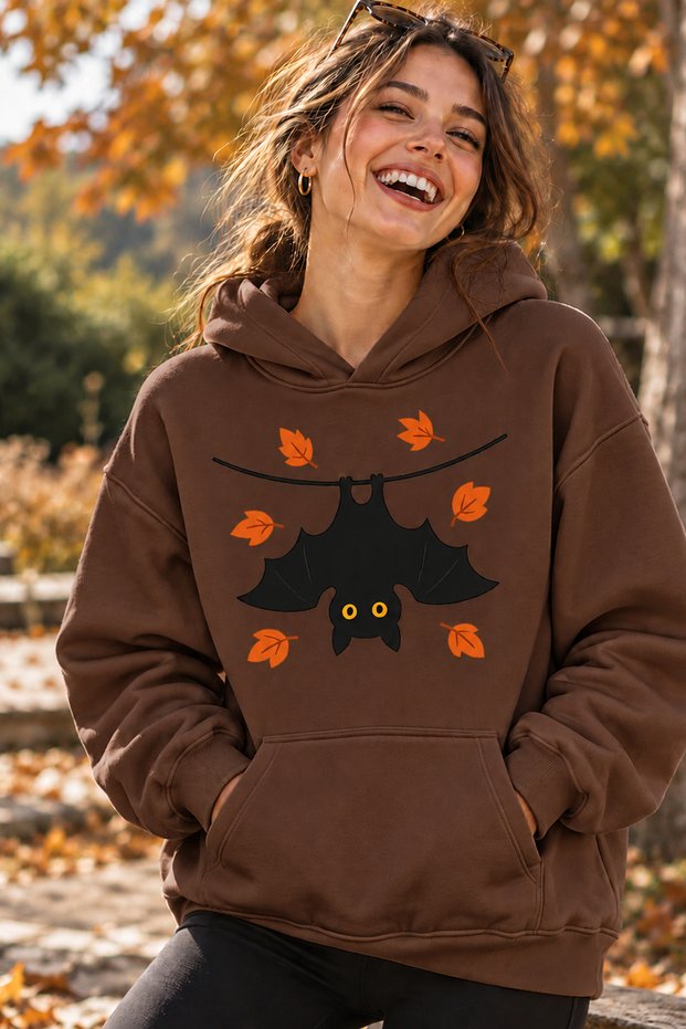 Cute Bat and Fall Leaves Print Unisex Oversized Hoodie – Relaxed Casual Sweatshirt