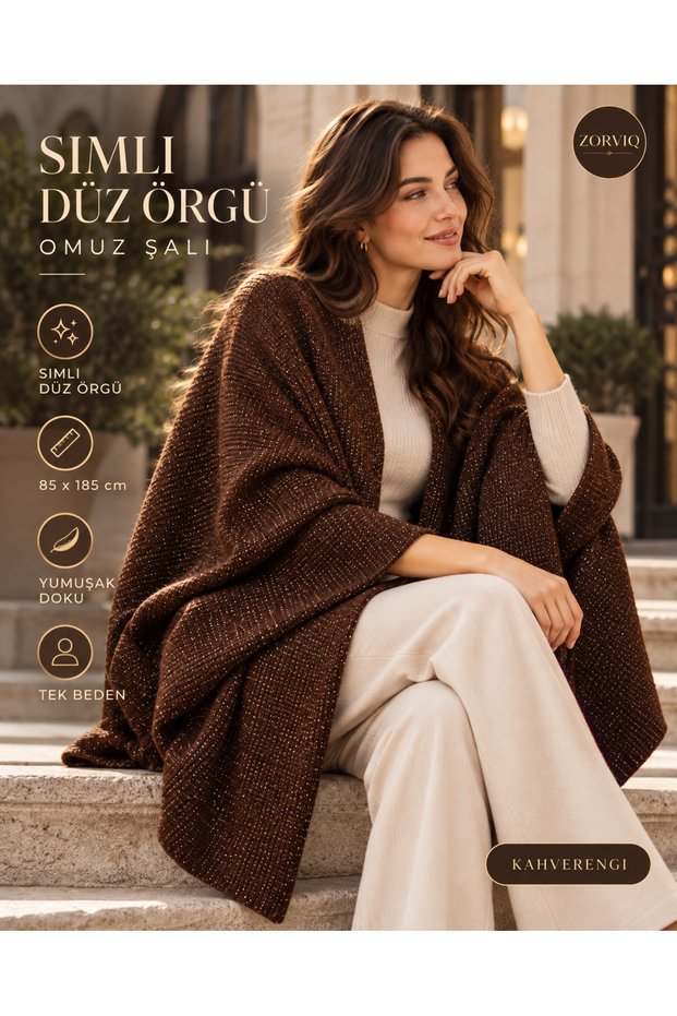 Women's Brown Glitter Knit Plain-Knit Shoulder Shawl, 85x185 cm, Soft-Textured Knit Shawl, Stylish Shoulder Wrap