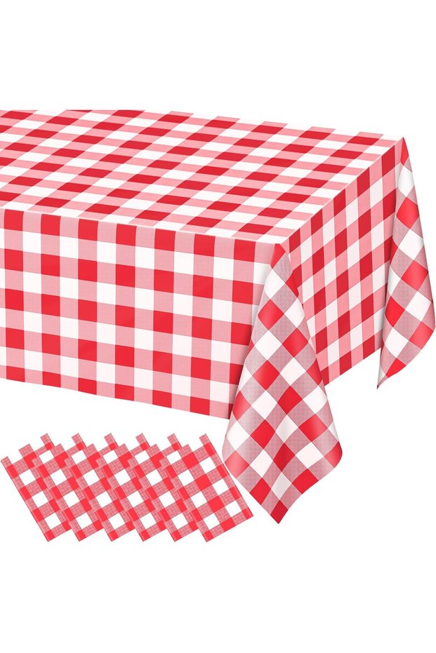 Pack of 6 Disposable Red and White Rectangular Checkered Tablecloths Red and White Plastic Checkered