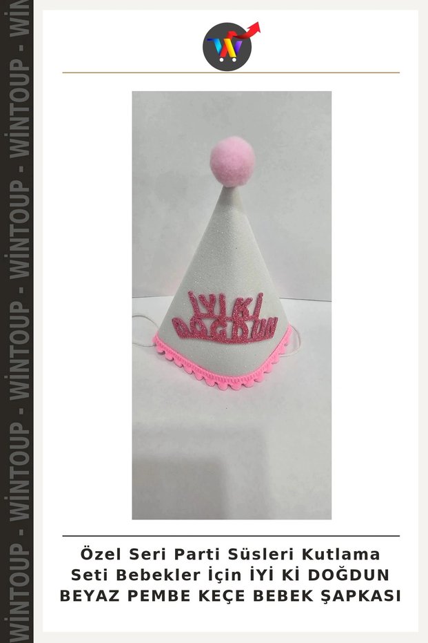 Special Edition Party Decorations Headwear for Babies "HAPPY BIRTHDAY" WHITE AND PINK FELT BABY HAT