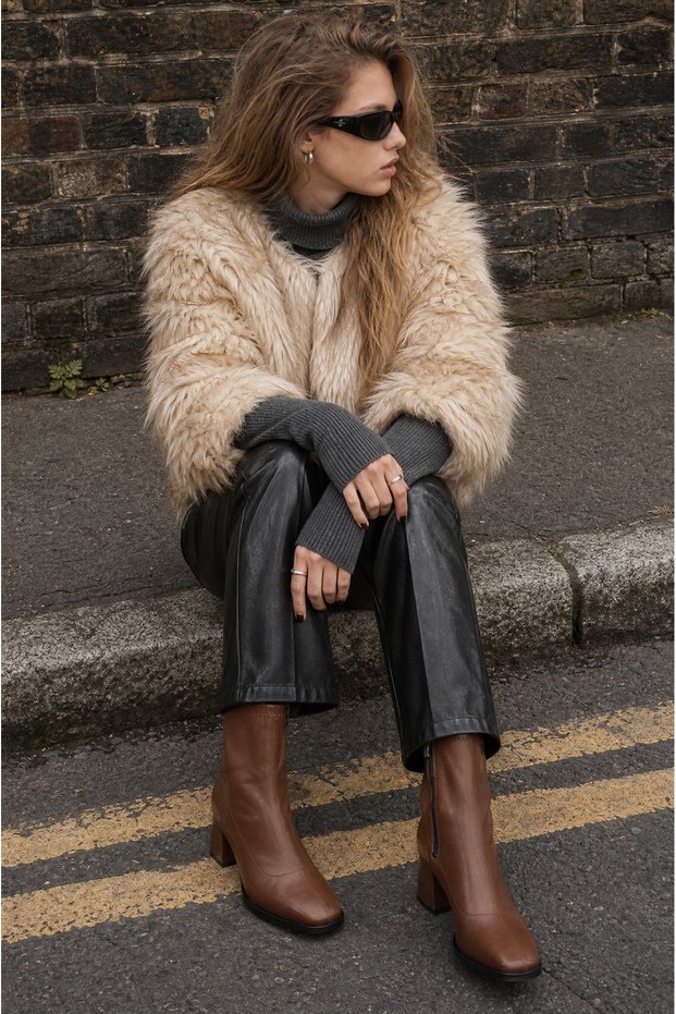 Women's Winter Stretch Faux Leather Square-Toe 7-Centimeter Block Heel Side Zipper Ankle Boots