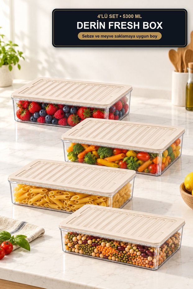مجموعة من 4 حاويات تخزين «Derin Fresh Box» سعة 5300 مل، مستطيلة الشكل ومزودة بأغطية، لتنظيم الثلاجة