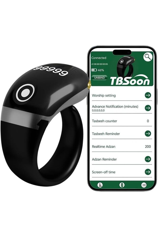Lightweight Tasbih Smart Ring, Tasbeeh Counters,Prayer Direction Indicator Guide,5 Azan Alarm Clock,