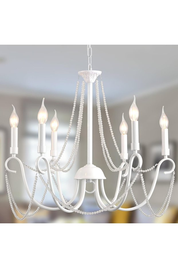 French Country Chandelier, White 6-Light Adjustable Hanging Light
