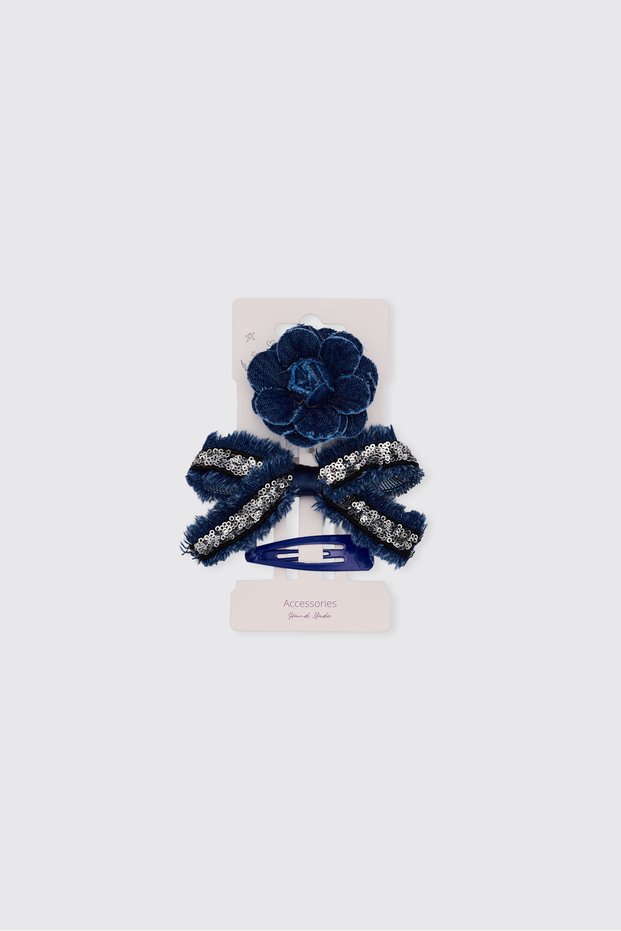 Girls' Blue Grosgrain Denim Buckled Bow Set