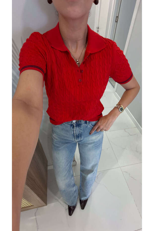 Roden Red Polo Collar Shirt with Short Sleeves