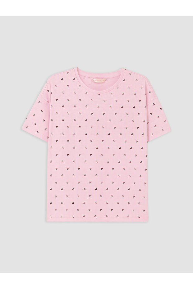 LCW DREAM Ecru Jersey Patterned Short-Sleeve Women's Pajama Top, Featuring the ALITA CITY Touch