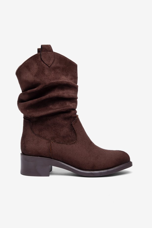 Brown Suede Chunky-Heeled Ruched Boots with Slouchy Style