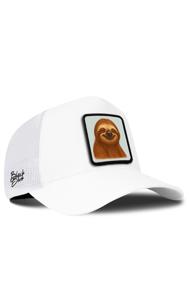 White Trucker Cap with a Sloth Logo