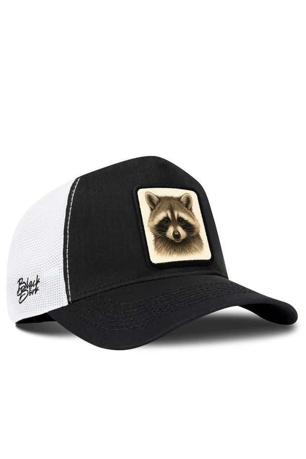 Black-and-White Cordura Trucker Cap with Raccoon Logo