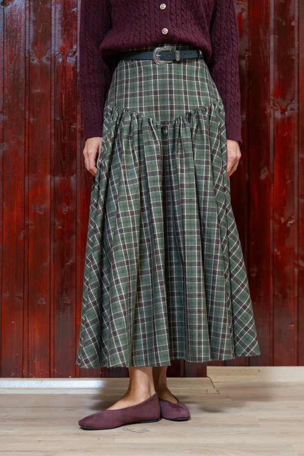 Green Plaid Pleated Flared Skirt